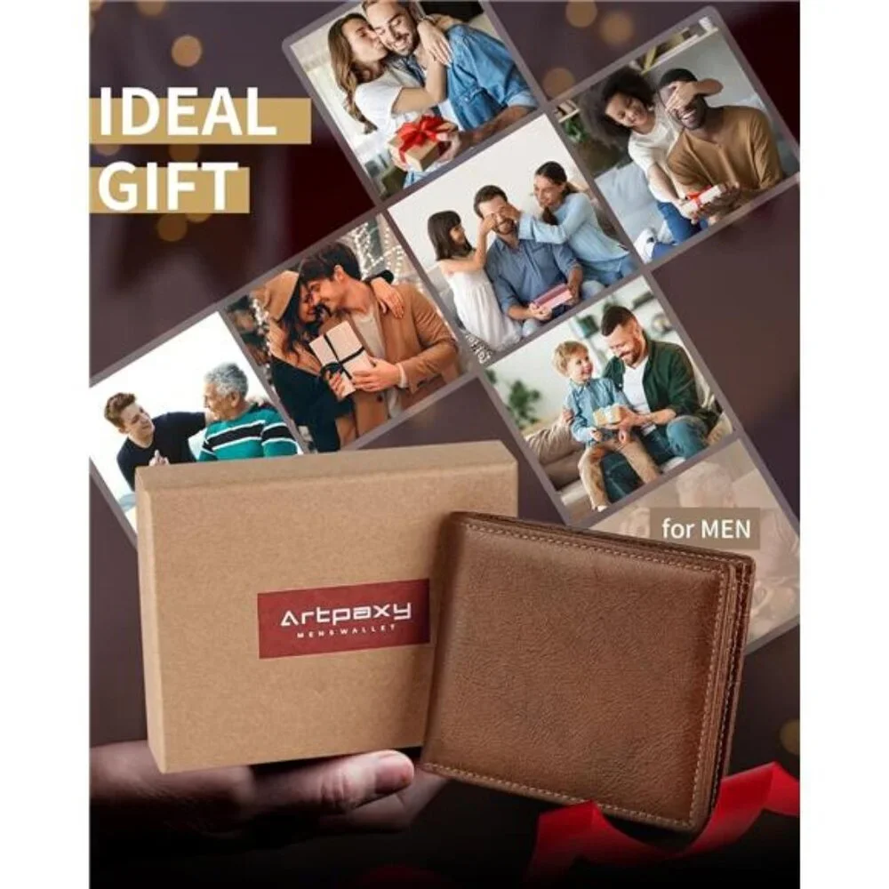 Mens Leather Bifold Wallet RFID Blocking 13 Card Holder 2 Cash Pockets ID Window